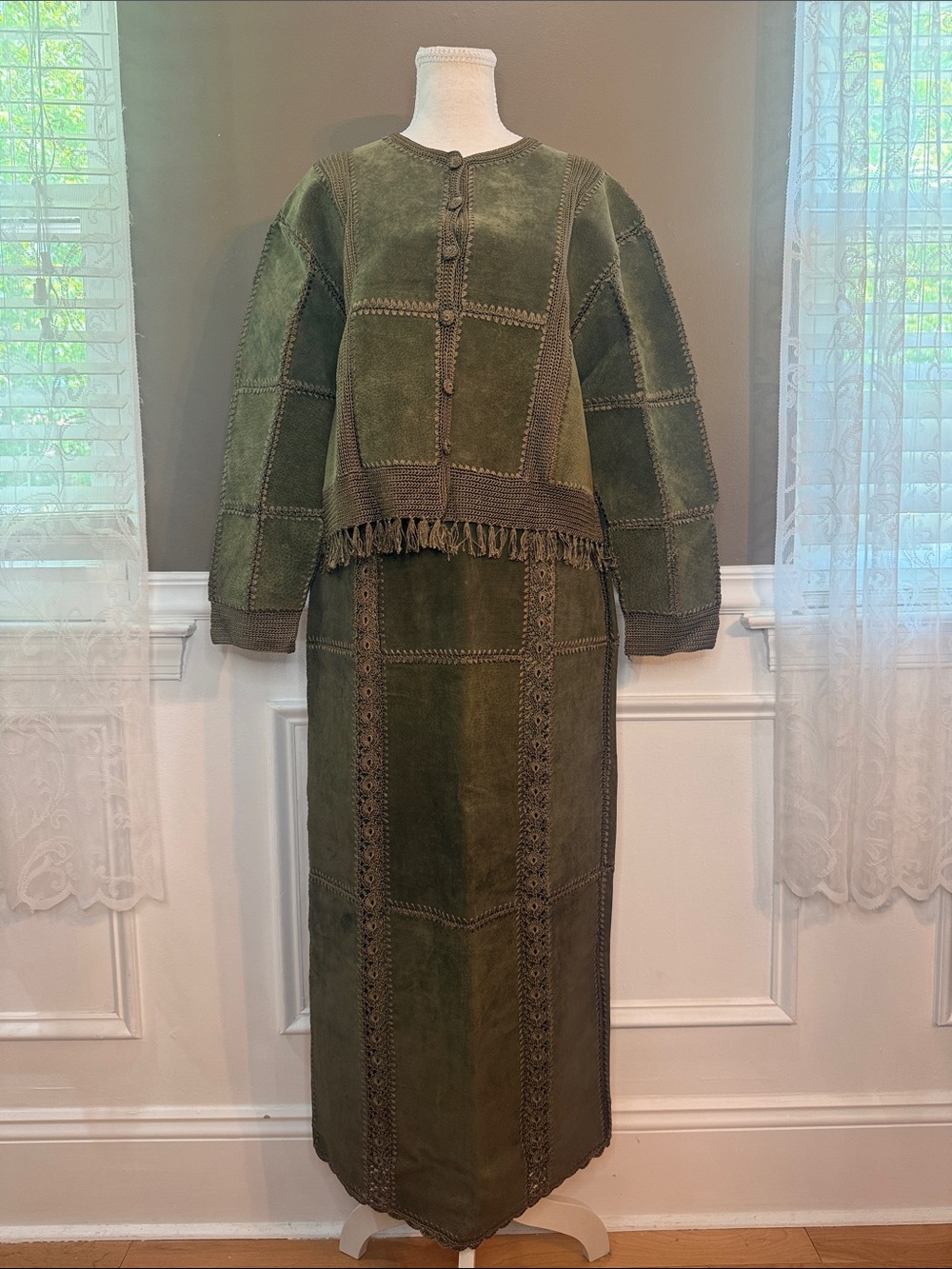 90s Vintage SMH Olive Suede‎ Leather Crochet Patchwork Skirt Jacket Set M 12